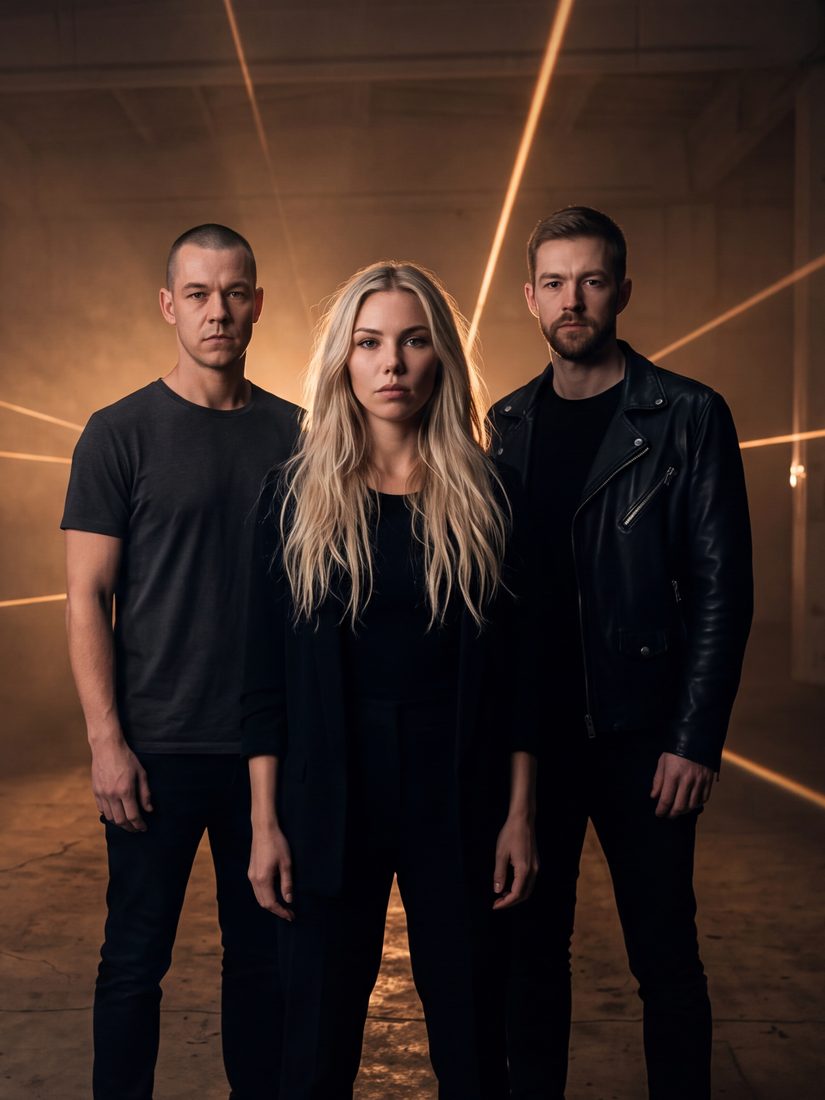 Jonas Rahl, Elin Marrow and Markus Marrow in a warehouse with warm light